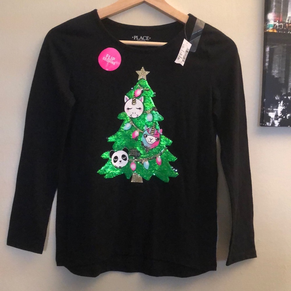 NWT Girl’s The Children’s Place Christmas Sequins Black Shirt w/ Unicorn & More - Picture 1 of 6